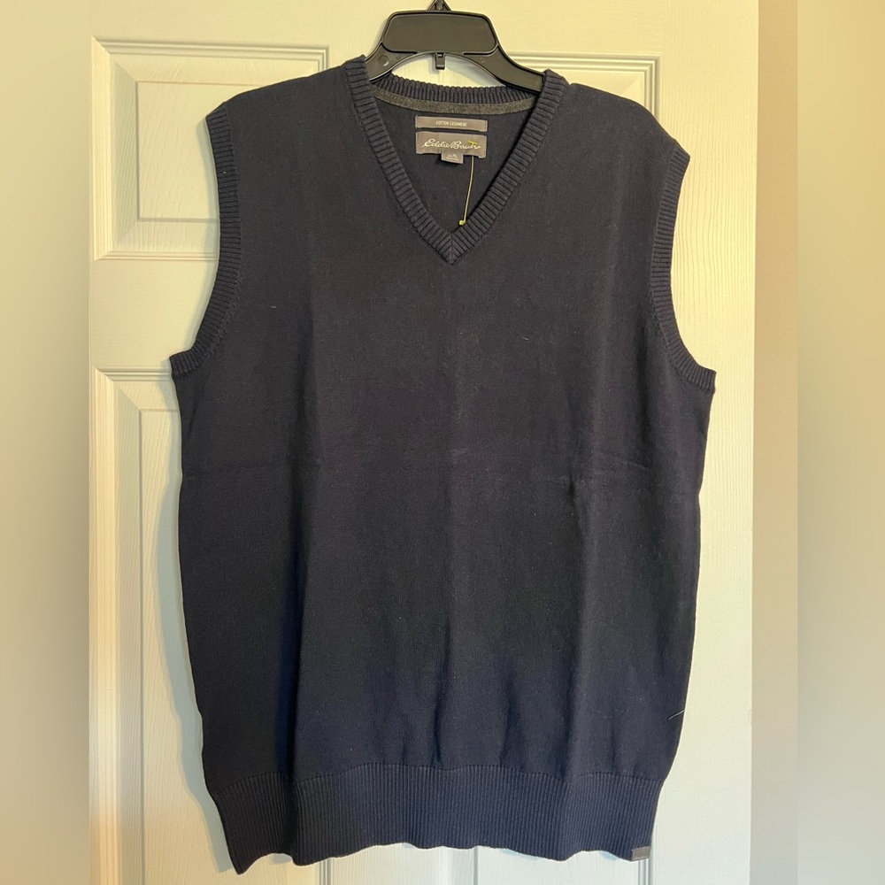 Eddie Bauer Sweater Vest Mens Large Tall Navy Blue Cotton Cashmere Soft V Neck